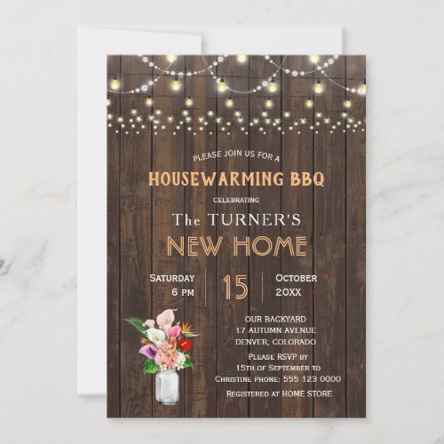 Rustic Tropical Flowers Wood Housewarming BBQ Invitation