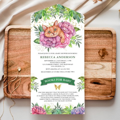 Rustic Tropical Forest Cute Floral Cat Baby Shower All In One Invitation