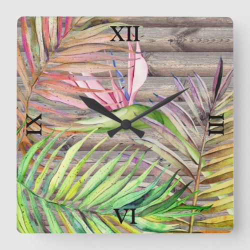 Rustic Tropical Garden Bird of Paradise Palm Frond Square Wall Clock