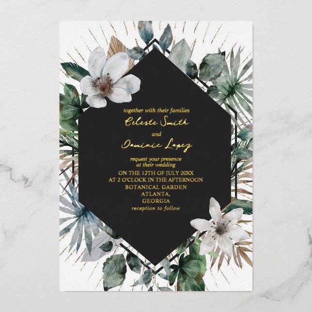 Rustic Tropical Geometric Botanical Foil Invitation (Front)