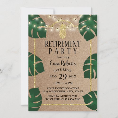 Rustic Tropical Gold Pineapple Luau Retirement Invitation