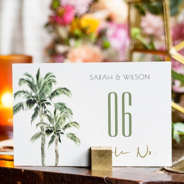 Rustic Tropical Green Beach Palm Trees Wedding Table Number (Creator Uploaded)