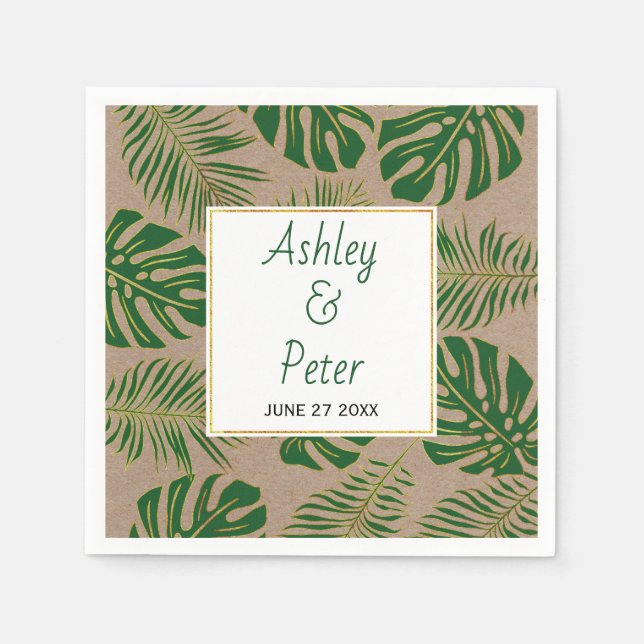 Rustic tropical green monstera palm leaves wedding napkins (Front)