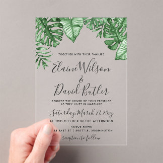 Rustic Tropical Greenery Botanical Wedding Acrylic Invitations