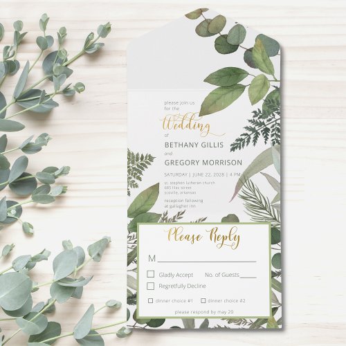 Rustic Tropical Greenery  Eucalyptus Dinner All In One Invitation