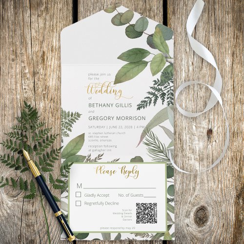 Rustic Tropical Greenery  Eucalyptus QR Code All In One Invitation