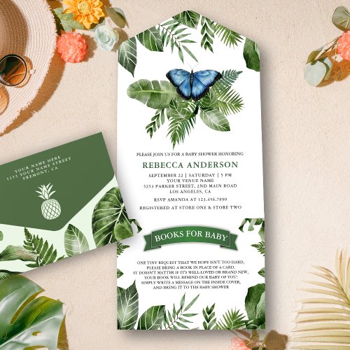 Rustic Tropical Jungle Blue Butterfly Baby Shower All In One Invitation