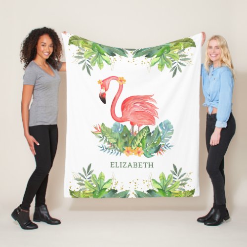 Rustic Tropical Jungle Cute Floral Flamingo Fleece Blanket