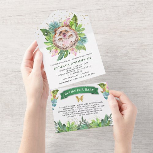 Rustic Tropical Jungle Cute Hedgehog Baby Shower All In One Invitation