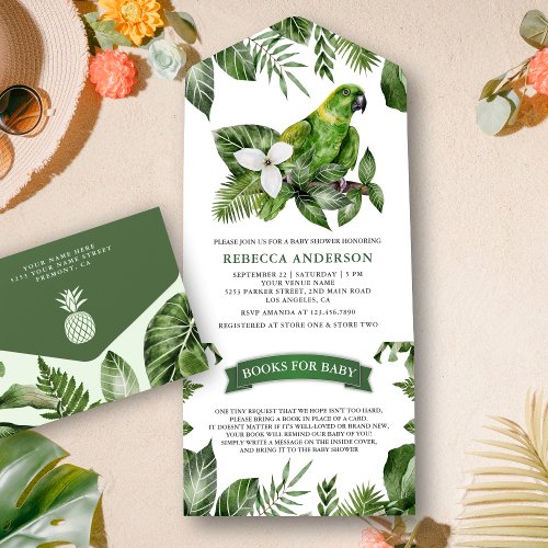 Rustic Tropical Jungle Green Parrot Baby Shower All In One Invitation