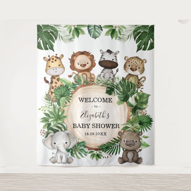 Rustic Tropical Jungle Safari Animals Baby Welcome Tapestry (Front)