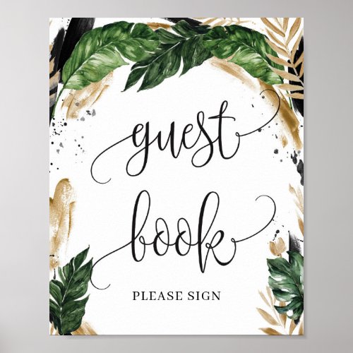 Rustic tropical leaves flowers guest book sign