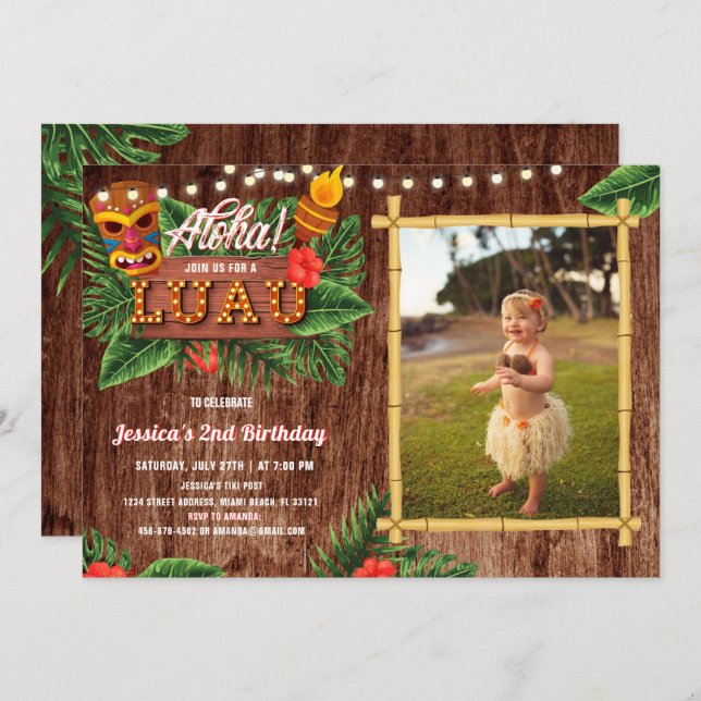 Rustic Tropical Luau Photo Birthday Invitation (Front/Back)