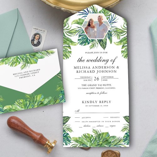Rustic Tropical Monstera Palm Leaves Photo Wedding All In One Invitation