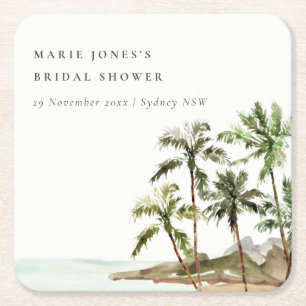 Rustic Tropical Palm Tree Beach Sand Bridal Shower Square Paper Coaster