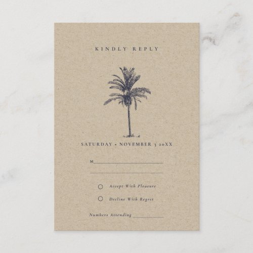 Rustic Tropical Palm Tree Navy Kraft Wedding RSVP Enclosure Card