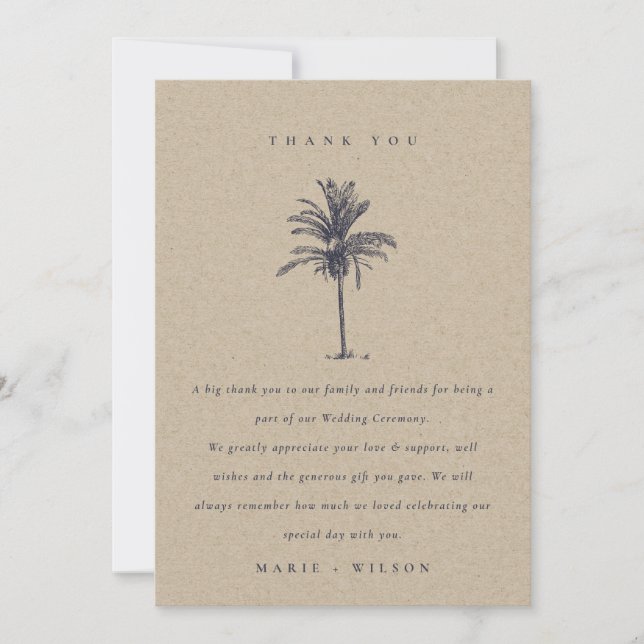 Rustic Tropical Palm Tree Navy Kraft Wedding Thank You Card (Front)