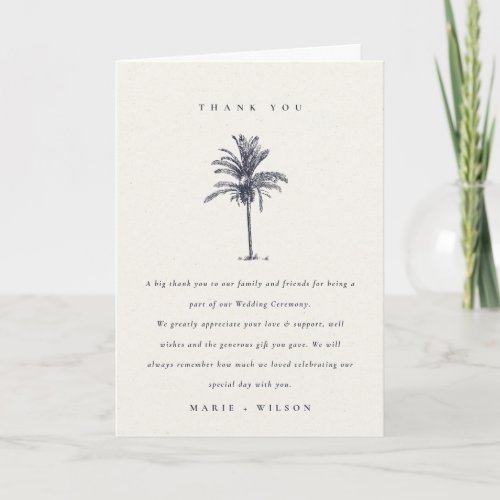 Rustic Tropical Palm Tree Navy Kraft Wedding Thank You Card