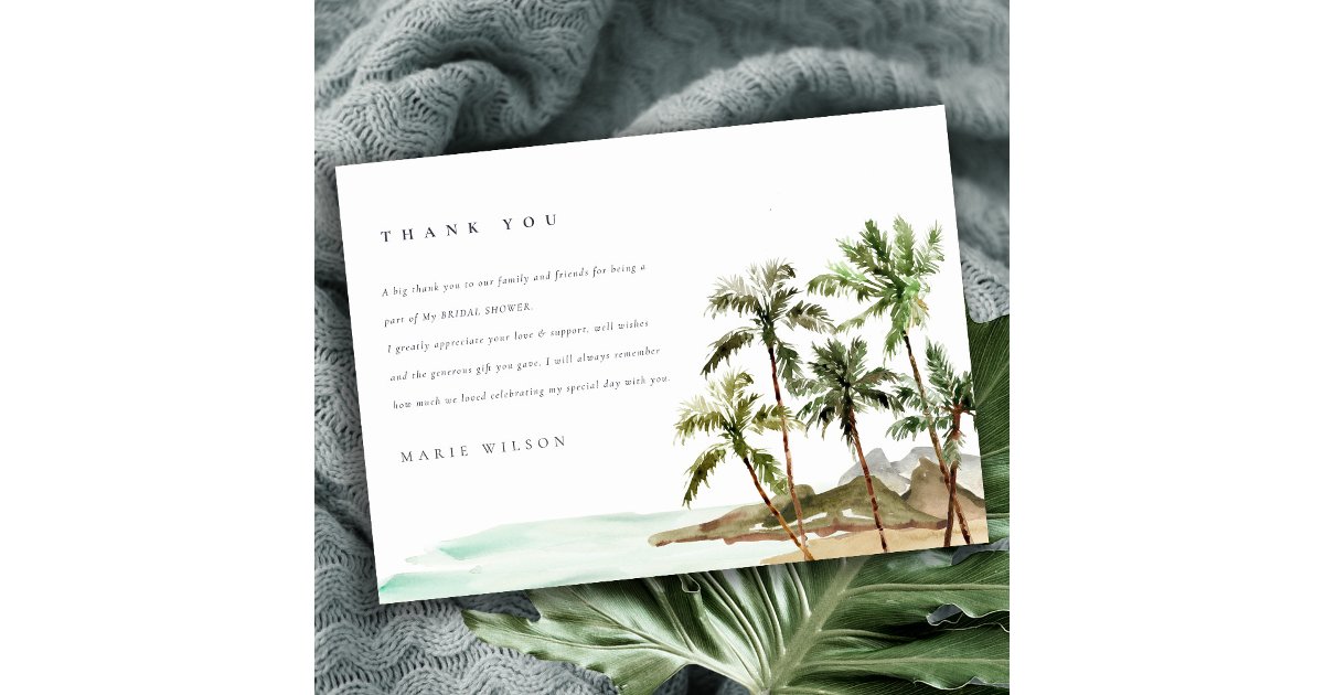 Rustic Tropical Palm Trees Beach Bridal Shower Thank You Card | Zazzle