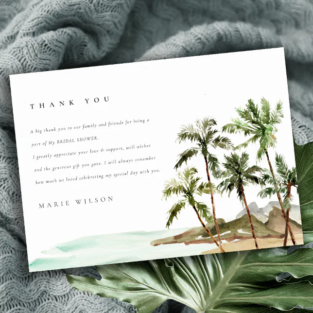 Rustic Tropical Palm Trees Beach Bridal Shower Thank You Card | Zazzle