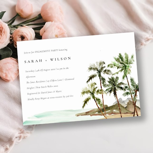 Rustic Tropical Palm Trees Beach Sand Engagement Invitation (Creator Uploaded)