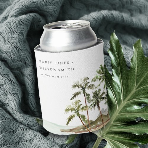 Rustic Tropical Palm Trees Beach Sand Wedding Can Cooler