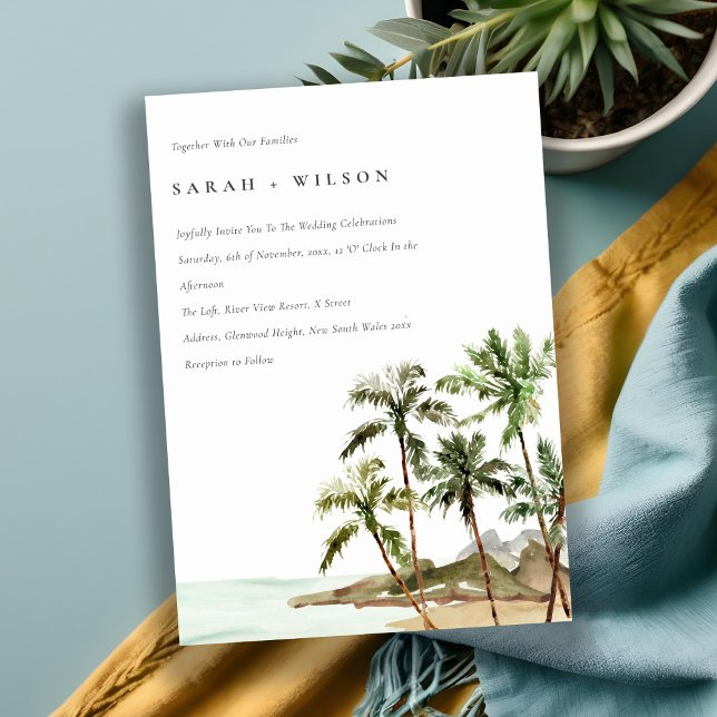 Rustic Tropical Palm Trees Beach Sand Wedding Invitation (Creator Uploaded)