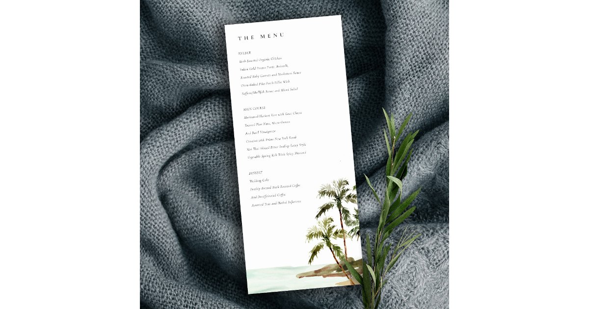 Rustic Tropical Palm Trees Beach Sand Wedding Menu Invitation | Zazzle