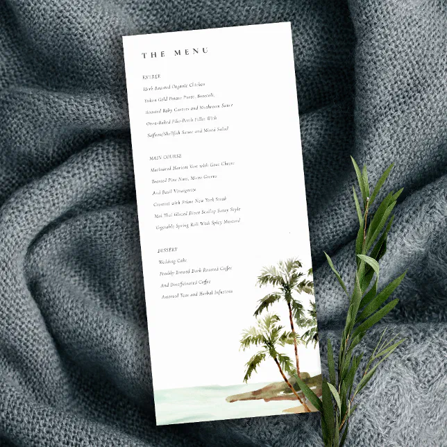 Rustic Tropical Palm Trees Beach Sand Wedding Menu Invitation | Zazzle