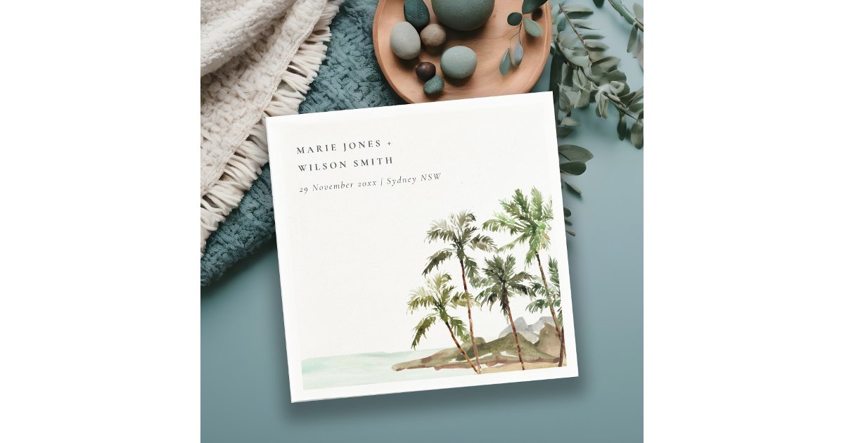 Rustic Tropical Palm Trees Beach Sand Wedding Napkins | Zazzle