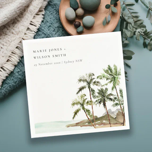 Rustic Tropical Palm Trees Beach Sand Wedding Napkins | Zazzle