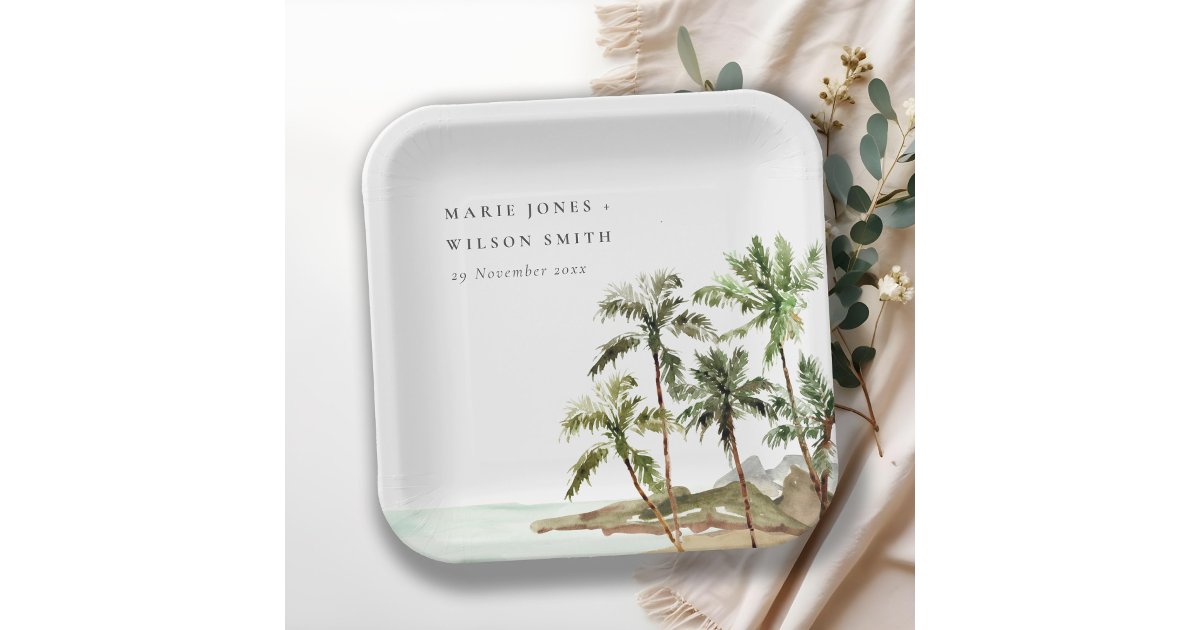 Rustic Tropical Palm Trees Beach Sand Wedding Paper Plates | Zazzle