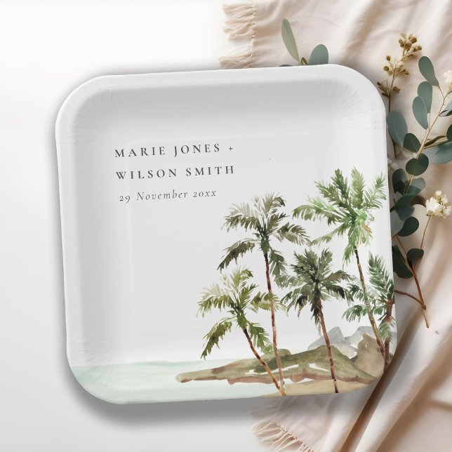 Rustic Tropical Palm Trees Beach Sand Wedding Paper Plates (Creator Uploaded)