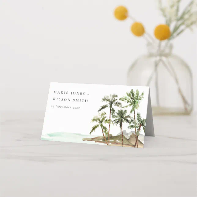 Rustic Tropical Palm Trees Beach Sand Wedding Place Card | Zazzle