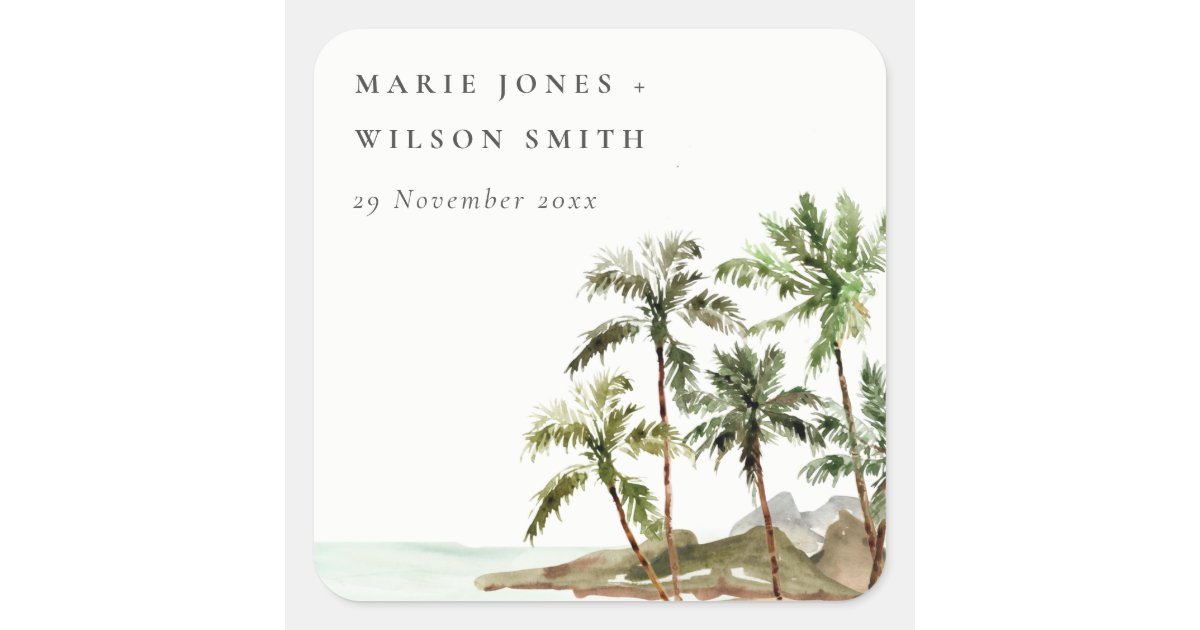 Rustic Tropical Palm Trees Beach Sand Wedding Square Sticker | Zazzle