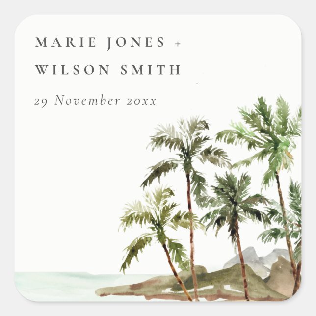 Rustic Tropical Palm Trees Beach Sand Wedding Square Sticker (Front)