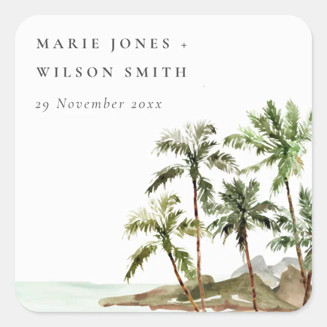 Rustic Tropical Palm Trees Beach Sand Wedding Square Sticker | Zazzle
