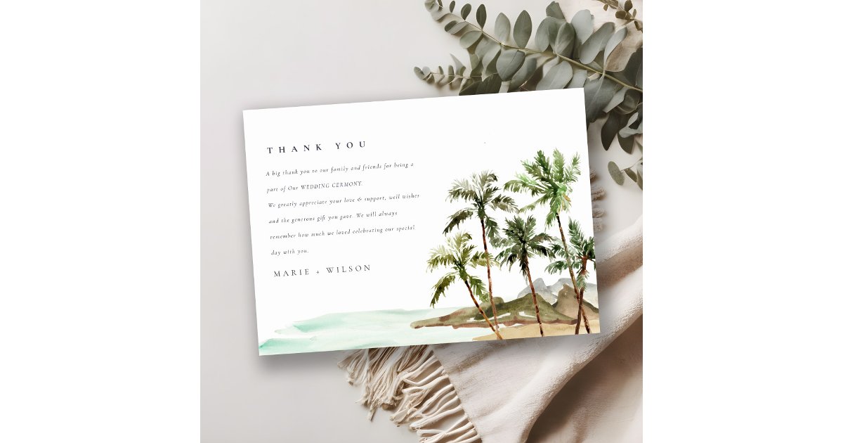 Rustic Tropical Palm Trees Beach Sand Wedding Thank You Card | Zazzle