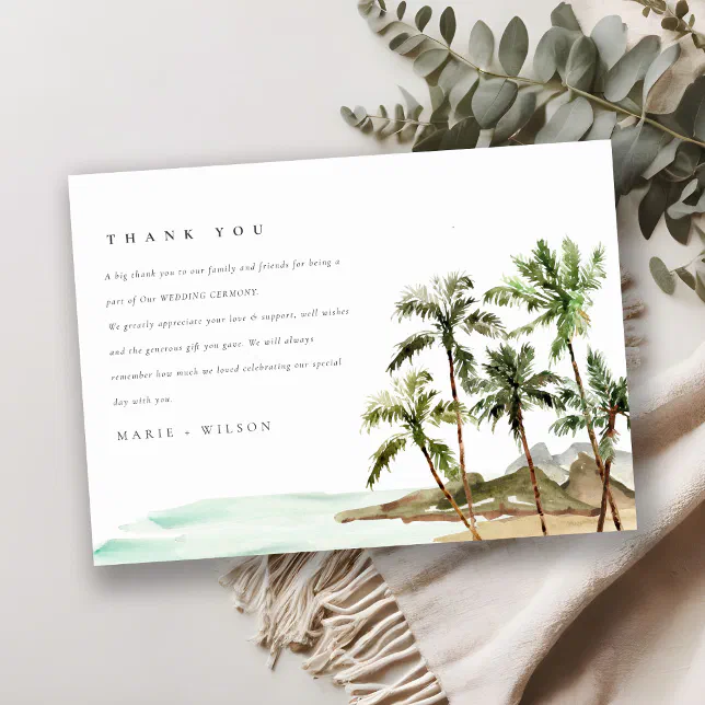 Rustic Tropical Palm Trees Beach Sand Wedding Thank You Card | Zazzle