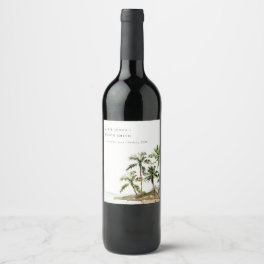 Rustic Tropical Palm Trees Beach Sand Wedding Wine Label