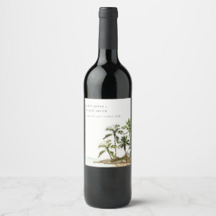 Rustic Tropical Palm Trees Beach Sand Wedding Wine Label