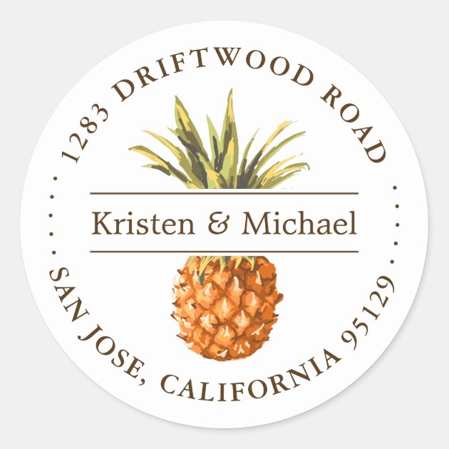 Rustic Tropical Pineapple Luau Return Address Classic Round Sticker