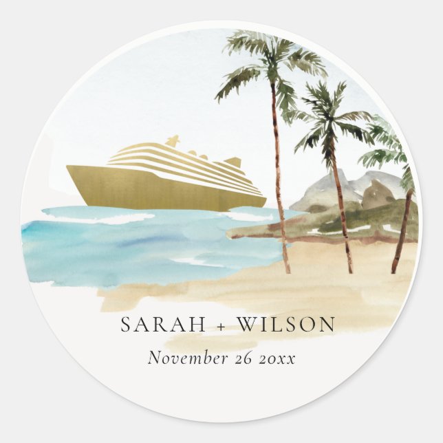 Rustic Tropical Seascape Beach Cruise Palm Wedding Classic Round Sticker (Front)