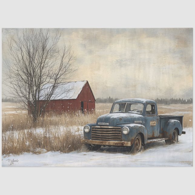 Rustic Truck and Barn Winter Landscape Decoupage Tissue Paper (Front)