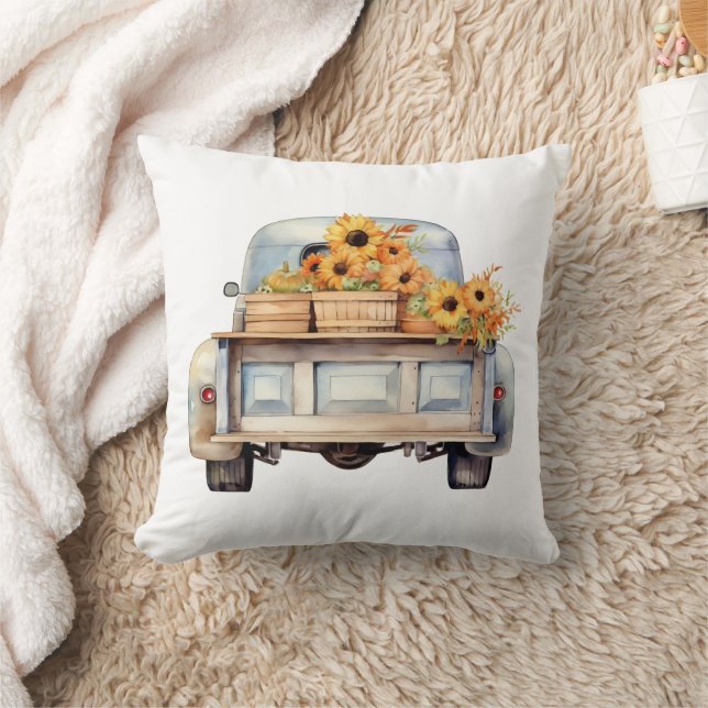 Rustic Truck of Sunflowers Autumn Fall Throw Pillow (Blanket)