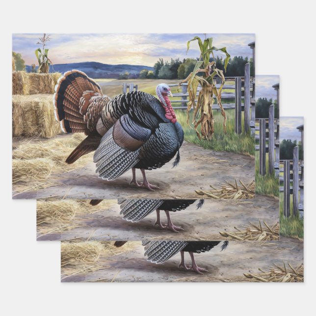 Rustic Turkey Farm Thanksgiving Decoupage Wrapping Paper Sheets (Set)