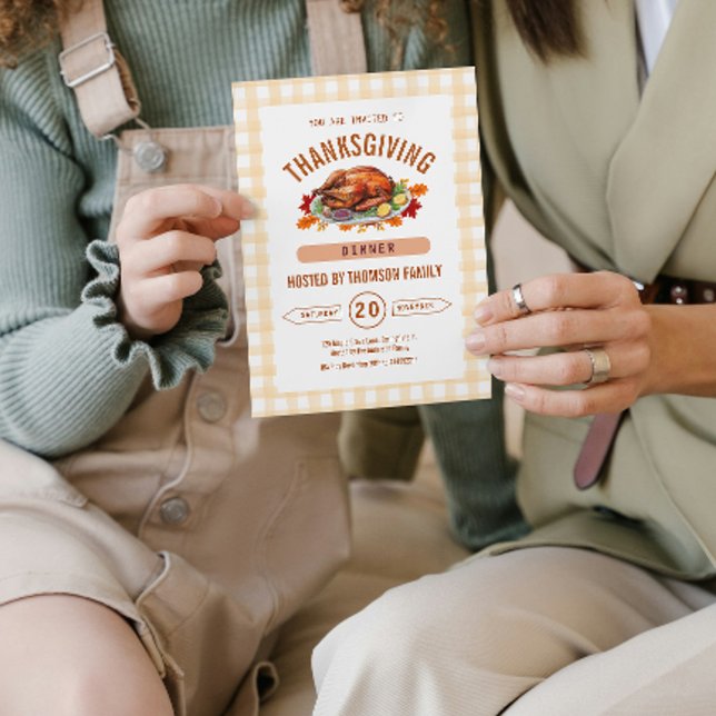 Rustic Turkey Thanksgiving Dinner Gingham Fall  Invitation (Pumpkin Rustic Thanksgiving Dinner Fall Watercolor Invitation)