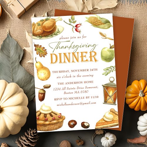 Rustic Turkey Thanksgiving Dinner Watercolor Invitation