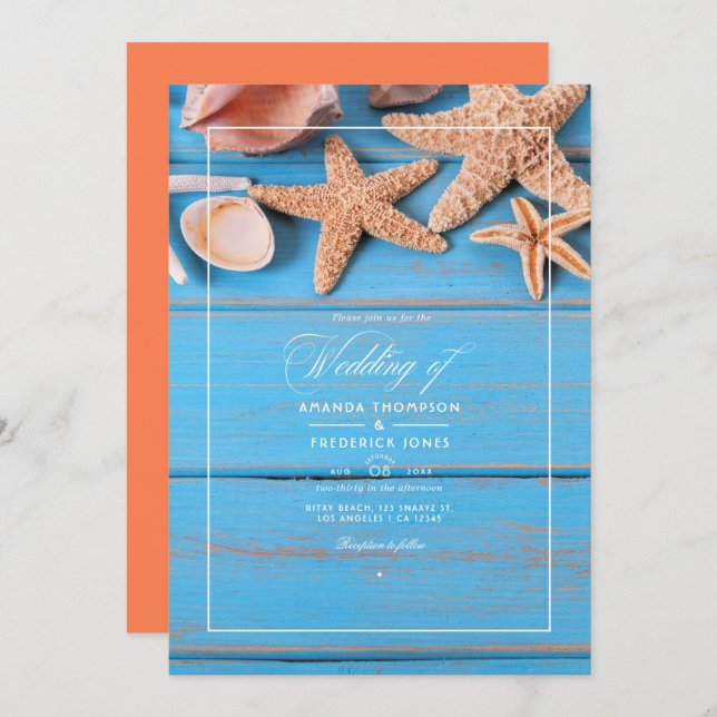 Rustic Turquoise and Coral Beach Wedding Invitation (Front/Back)