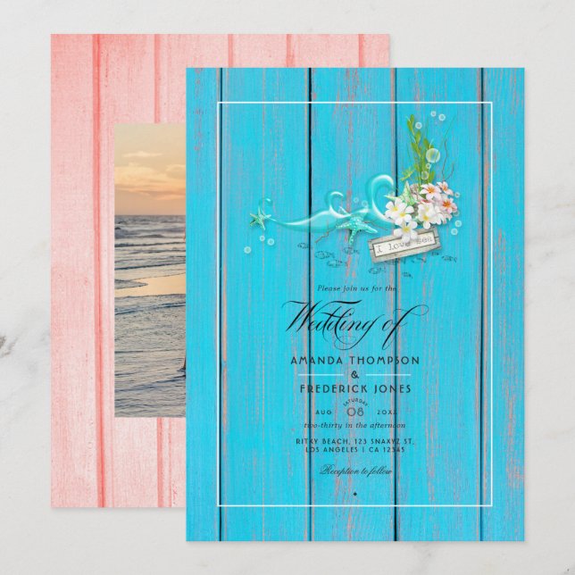 Rustic Turquoise and Coral Beach Wedding Photo Invitation (Front/Back)